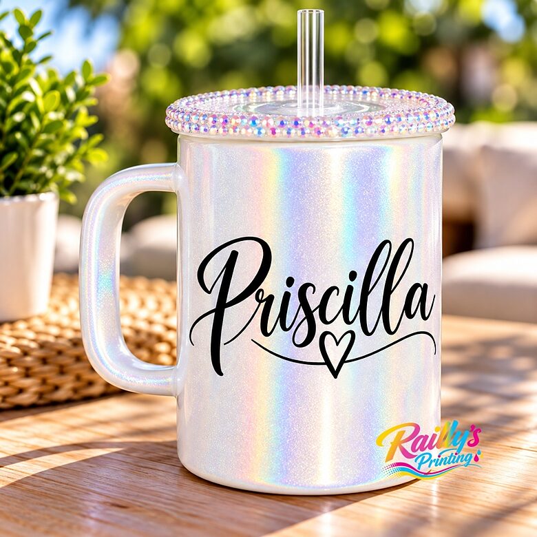 Holographic shimmer 17 oz glass mug with rhinestone lid