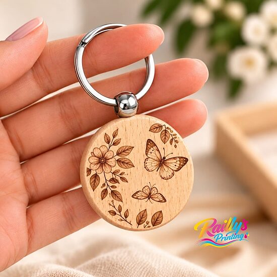 Round wooden engraved keychain